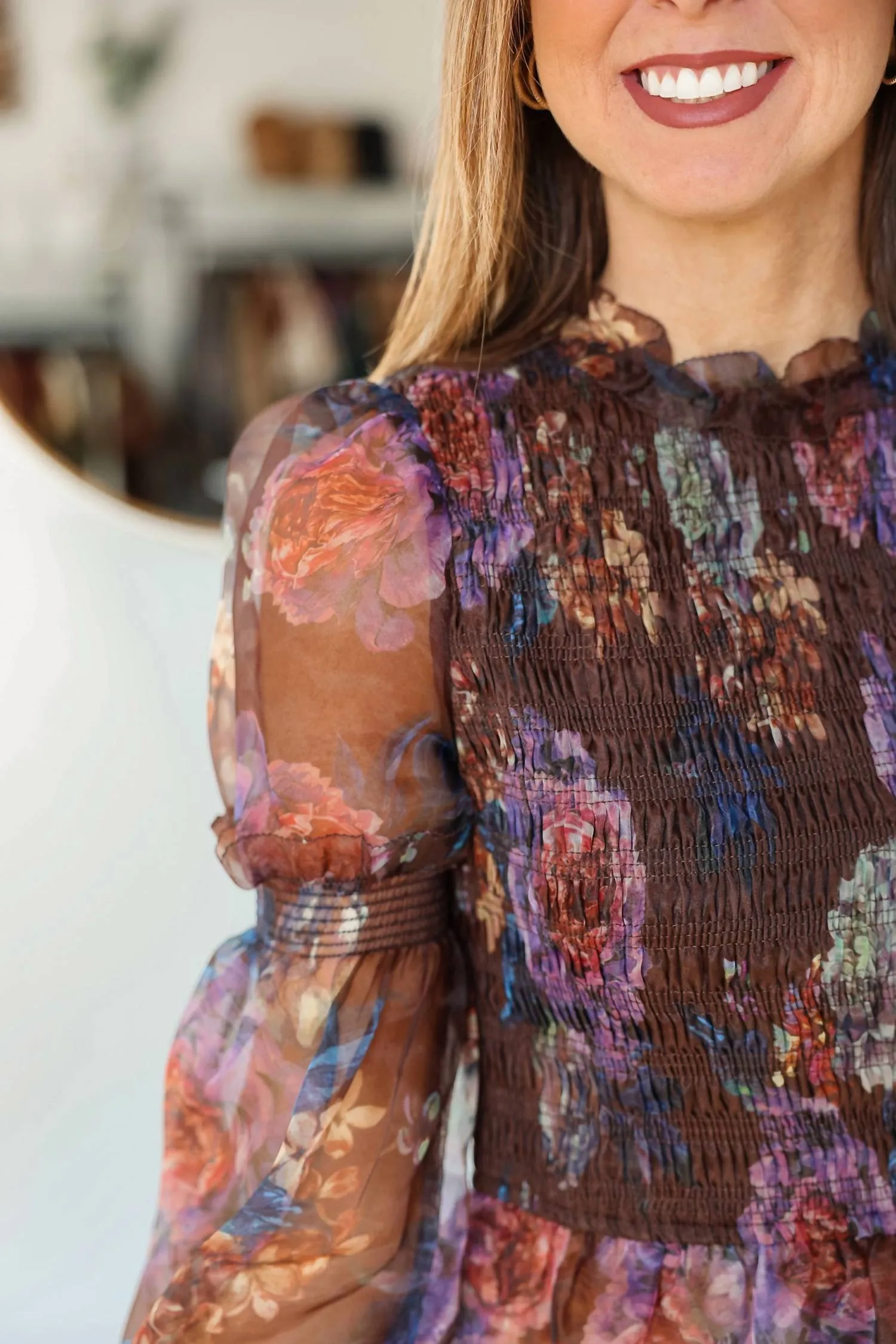 Floral Print Smocked Peplum Top In Brown/multi